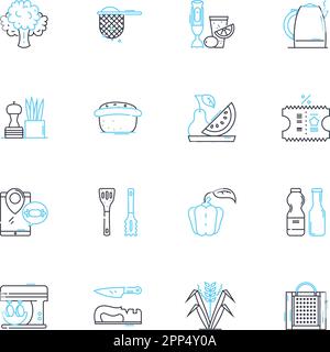 Ensemble d'icônes linéaires de restauration. Cuisine, hors-d'œuvre, service, buffet, plats, Panneaux de réception, de vecteur de ligne Gourmet et de concept. Chef, serveuses, canap Illustration de Vecteur