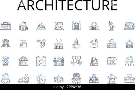 Collection d'icônes de ligne d'architecture. Ingénierie, Bâtiment, conception, planification, Construction, Présentation, vecteur de structure et illustration linéaire Illustration de Vecteur