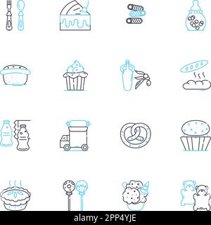 Jeu d'icônes linéaires de la crème glacée. Pelles, cs, Sprinkles, Sundae, Fudge, Garnitures, vecteur de ligne Milkshake et signes de concept. Gelato, sorbet, gaufré Illustration de Vecteur