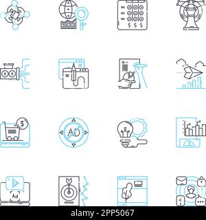 Ensemble d'icônes linéaires de médias sociaux. Nerking, engagement, partage, viral, REACH, Influence, aime le vecteur de ligne et les signes de concept. Commentaires,hashtags,plates-formes Illustration de Vecteur