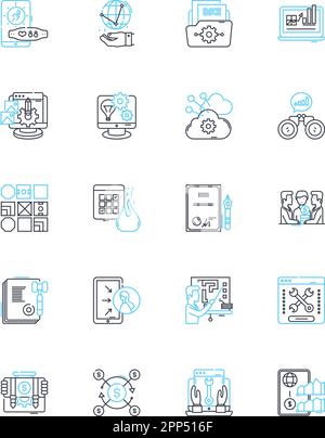 Ensemble d'icônes linéaires de développement d'entreprise. Expansion, fusion, acquisition, diversification, croissance, Innovation, vecteur de ligne de réorganisation et concept Illustration de Vecteur