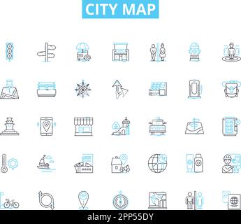 Ensemble d'icônes linéaires de la carte de la ville. Navigation, Tourisme, rues, quartiers, monuments, Panneaux de transport, de vecteur de ligne de visite et de concept. Guide, directions Illustration de Vecteur