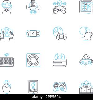 Jeu d'icônes linéaires de production audiovisuelle. Cinéma, son, éclairage, narration, enregistrement, Edition, vecteur de ligne de composition et signes de concept Illustration de Vecteur