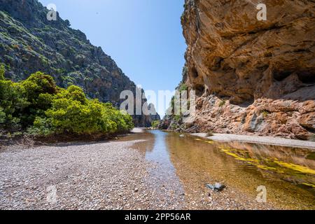 Ravin avec rivière Torrent de Pareis, sa Calobra, Majorque, Iles Baléares, Espagne Banque D'Images