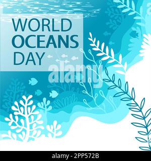 Image stylisée décorative d'une tortue de mer et d'une vie sous-marine. Journée mondiale des océans Illustration de Vecteur