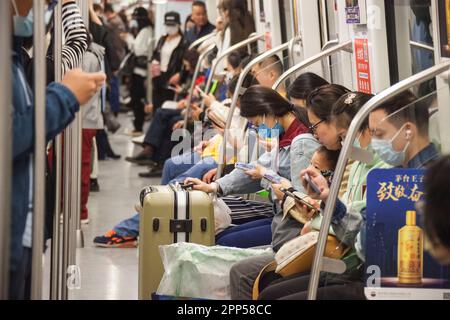 NANJING, CHINE - le 22 AVRIL 2023 - les passagers lisent leur téléphone mobile dans une voiture de métro à Nanjing, dans la province du Jiangsu, en Chine orientale, à 22 avril, en 202 Banque D'Images