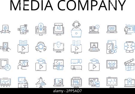 Collection d'icônes de ligne de société multimédia. Société de publicité, News Outlet, TV nerk, maison d'édition, agence de presse, Studio de cinéma, société de radiodiffusion Illustration de Vecteur