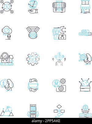 Ensemble d'icônes linéaires de planification de projet. Stratégie, initiative, mission, objectifs, portée, Budget, vecteur de ligne d'horaire et signes conceptuels. Chronologie,ressource Illustration de Vecteur