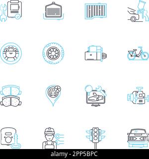 Ensemble d'icônes linéaires de solutions de transport. Transports en commun, mobilité, logistique, Covoiturage, transport, Routage, vecteur de ligne de livraison et signes conceptuels. Fret Illustration de Vecteur