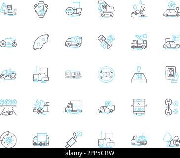 Jeu d'icônes linéaires de l'industrie du service automatique. Mécanique, réparations, entretien, diagnostic, alignement, Huile, pneus, vecteur de gamme et signes conceptuels. Freins Illustration de Vecteur