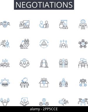 Collection d'icônes de ligne de négociation. Séance de négociation, accord commercial, négociations d'échange, dialogue diplomatique, négociation d'un accord, Discussion sur le contrat Illustration de Vecteur