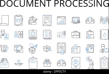 Collection d'icônes de ligne de traitement de document. Analyse de rapports, gestion de fichiers, manipulation de données, tenue de dossiers, gestion des documents, Contrôle des documents Illustration de Vecteur