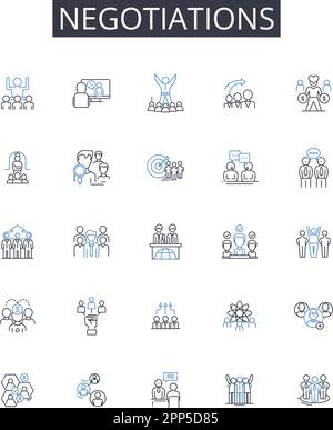 Collection d'icônes de ligne de négociation. Séance de négociation, accord commercial, négociations d'échange, dialogue diplomatique, négociation d'un accord, Discussion sur le contrat Illustration de Vecteur
