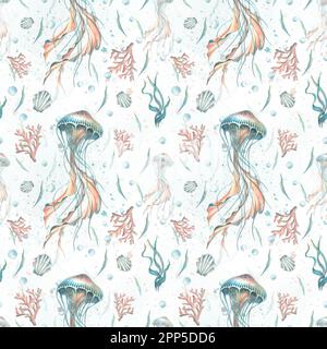 Méduses avec coquillages, algues, coraux et bulles sur fond blanc. Illustration aquarelle dessinée à la main. Motif sans couture pour le tissu, le textile Banque D'Images