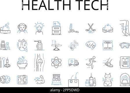 Collection d'icônes de la ligne des technologies de la santé. Technologie médicale, Santé numérique, INFORMATIQUE médicale, télésanté, eHealth, Informatique de la santé, information sur la santé Illustration de Vecteur