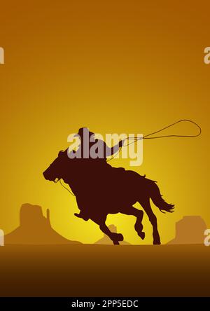 Tournoi de rodéo, coucher de soleil. Affiche vectorielle cowboy et lasso sur le cheval dans le grand canyon en silhouette Illustration de Vecteur