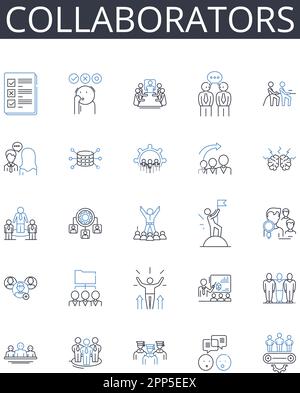 Collection d'icônes de ligne collaborateurs. Associés, partenaires, alliés, compagnons, aides, Supports, cohortes vecteur et illustration linéaire. Confidents Illustration de Vecteur