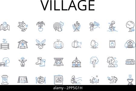 Collection d'icônes de village. Hameau, petite ville, communauté rurale, colonie, campagne, Outpost, vecteur de colonie et illustration linéaire. Canton Illustration de Vecteur