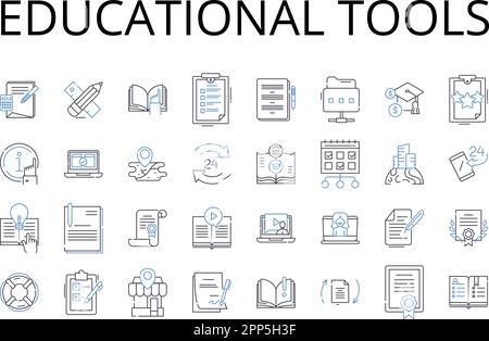 Collection d'icônes de ligne d'outils éducatifs. Aides pédagogiques, ressources académiques, supports de formation, matériel pédagogique, instruments de connaissances, Props. De l'étude Illustration de Vecteur