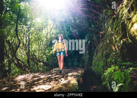 Description: Femme touristique marchant le long de la jungle sentier de randonnée à côté du canal à travers la forêt tropicale de Madeiran. Levada de Caldeirão Verde, île de Madère, po Banque D'Images