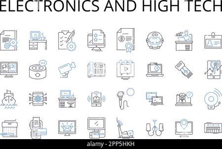 Collection d'icônes de la gamme électronique et haute technologie. Gadgets, appareils, appareils, machines, instruments, Outils, vecteur d'équipement et illustration linéaire Illustration de Vecteur