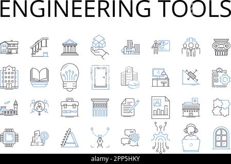 Collection d'icônes de ligne d'outils d'ingénierie. Matériel scientifique, appareils technologiques, machines informatiques, instruments de fabrication, gadgets de recherche Illustration de Vecteur