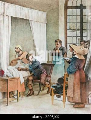René Théophile Jacinte Laënnec (1781-1826), médecin francais à l'hôpital Necker auscultant un organisme responsable de ses élèves. Lithographie d'après Theobald Chartran (1849-1907) Banque D'Images