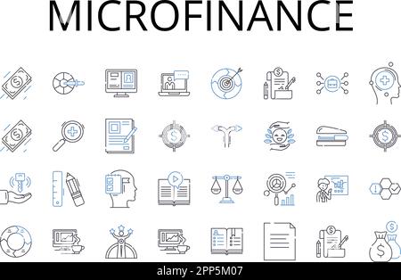 collection d'icônes de ligne de microfinance. Financement participatif, prêt pair-à-pair, Angel Investing, Capital de risque, entreprise sociale, Investissement d'impact Illustration de Vecteur