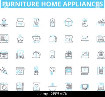 Mobilier maison appareils électroménagers icônes linéaires ensemble. Canapé, chaise, table, lit, commode, Bureau, vecteur de ligne de bibliothèque et panneaux de concept. Pouf, fauteuil inclinable, matelas Illustration de Vecteur