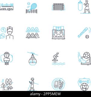 Jeu d'icônes linéaires camp d'été. Aventure, nature, amitié, exploration, feu de camp, Sports nautiques, vecteur de la ligne sauvage et signes de concept. Tir à l'arc Illustration de Vecteur