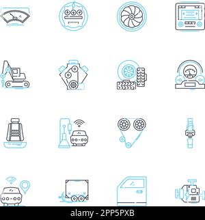 Ensemble d'icônes linéaires de réparation de véhicule. Mécanicien, entretien, diagnostic, inspection, réparation, Alignement, vecteur de ligne de suspension et signes conceptuels. Freins Illustration de Vecteur