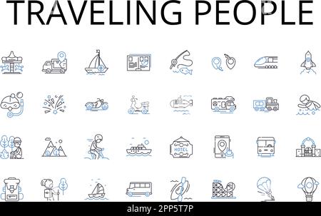 Collection d'icônes de la ligne de voyageurs. Nomades itinérants, amateurs de Wanderlust, voyageurs explorant, touristes aventureux, voyages en jet-setting Illustration de Vecteur