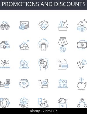 Collection d'icônes de ligne de promotions et de remises. Offres de vente, offres spéciales, bons de réduction, prix avantageux, programmes de remise, Codes de coupon, fidélité Illustration de Vecteur