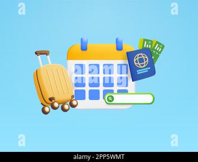 Calendrier 3D avec valise, passeport, billets d'avion, barre de recherche isolée en arrière-plan. Design concept pour le tourisme et le voyage, réservation de billets d'avion, vacances. 3D illustration vectorielle. Illustration vectorielle Illustration de Vecteur