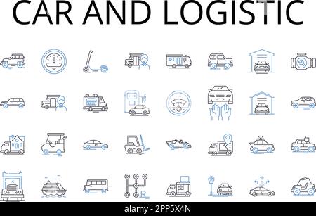 Collection d'icônes de voitures et de lignes logistiques. Véhicule et transport, automobile et transport, camion et transport, vélo et transport, fourgonnette et Illustration de Vecteur