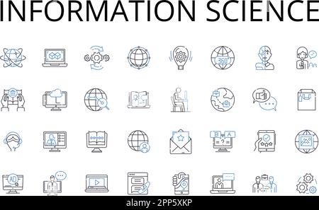 Collection d'icônes de la ligne des sciences de l'information. Sciences politiques, psychologie sociale, politique économique, génie informatique, sciences de l'environnement, Médical Illustration de Vecteur