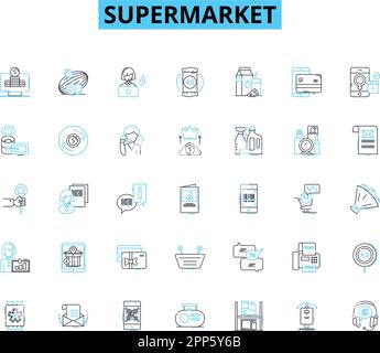 Jeu d'icônes linéaires de supermarché. Articles d'épicerie, allées, chariots, caisses, comptoir du prêt-à-manger, Produits, vecteur de la ligne de viande et signes conceptuels. Produits laitiers, boulangerie, frites Illustration de Vecteur