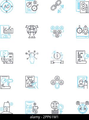 Ensemble d'icônes linéaires de médias sociaux. Nerking, engagement, partage, viral, REACH, Influence, aime le vecteur de ligne et les signes de concept. Commentaires,hashtags,plates-formes Illustration de Vecteur