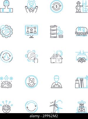 Jeu d'icônes linéaires de domaine industriel. Fabrication, Z, industrialisation, usines, entrepôts, Commerce, vecteur de ligne d'infrastructure et signes conceptuels Illustration de Vecteur