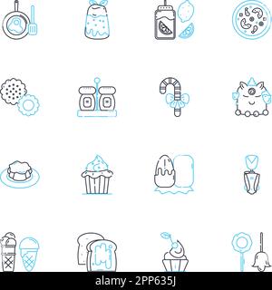 Jeu d'icônes linéaires de chocolaterie. Sucré, cacao, indulgence, fondu, décadence, Tempering, truffe le vecteur de ligne et les signes de concept. Usine,qualité Illustration de Vecteur
