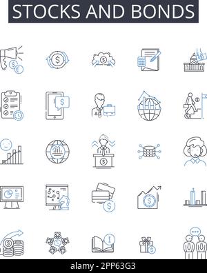 Collection d'icônes de la ligne actions et obligations. Dette et équité, achat et vente, rapide et lent, chaud et froid, élevé et faible, Entrée et sortie, bon et mauvais vecteur et Illustration de Vecteur