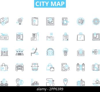 Ensemble d'icônes linéaires de la carte de la ville. Navigation, Tourisme, rues, quartiers, monuments, Panneaux de transport, de vecteur de ligne de visite et de concept. Guide, directions Illustration de Vecteur