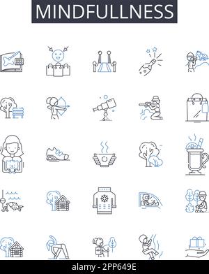 Collection d'icônes Mindplénitude Line. Conscience de soi, introspection, réflexion personnelle, paix intérieure, présence de l'esprit, Pensée concentrée, concentrée Illustration de Vecteur