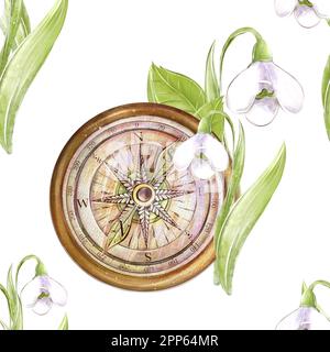 Motif, motif sans couture avec chute de neige et boussole, voyage, printemps. Pour la conception de textiles, d'arrière-plan, de scrapbook, de couverture, de papier, créativité. Banque D'Images