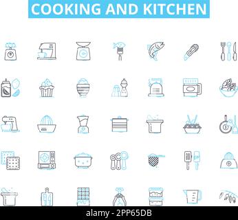 Ensemble d'icônes linéaires pour la cuisine et la cuisine. Fouet, Grat, Bake, sauté, mijoter, Boil, Roast Line Vector et concept Signs. Chop,Slice,Fry Outline Illustration de Vecteur