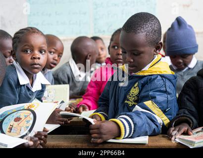 (230422) -- NAIROBI, 22 avril 2023 (Xinhua) -- les élèves lisent des livres à l'école de l'Association des services de construction de rêve (ASDB), dans la vallée de Mathare, à Nairobi, au Kenya, au 19 avril 2023. La vallée de Mathare, située à Nairobi, est le deuxième plus grand bidonville urbain du Kenya après Kibera. Dream Building Service Association (DBSA) est une organisation non gouvernementale fondée en 2014. L'organisation poursuit et promeut le travail de bienfaisance dans la région de Mathare. Grâce aux efforts déployés ces dernières années, plusieurs écoles de Mathare ont été rénovées. Beaucoup d'enfants pauvres ont des repas gratuits pour le déjeuner et ont un cha Banque D'Images