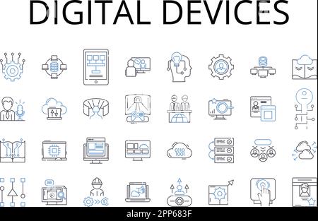 Collection d'icônes de ligne de périphériques numériques. Gadgets électroniques, technologie avancée, appareils électroniques, appareils virtuels, équipement moderne, Outils haute technologie Illustration de Vecteur