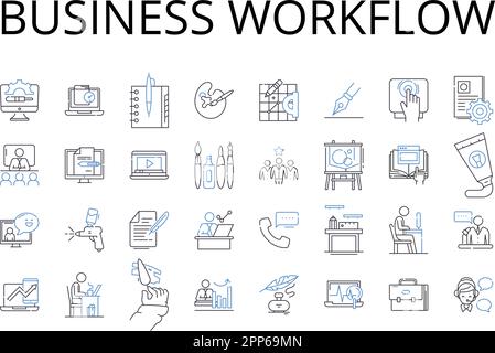 Collection d'icônes de lignes de flux de travail d'entreprise. Processus de travail, route des tâches, procédure de travail, flux de production, cycle des opérations, Séquence d'entretien, opérationnel Illustration de Vecteur