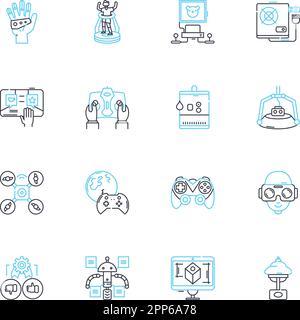 Jeu d'icônes linéaires de calcul de données. Analyses, statistiques, algorithmes, apprentissage machine, visualisation, Big Data, vecteur de ligne minière et signes de concept Illustration de Vecteur