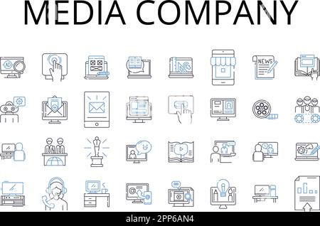 Collection d'icônes de ligne de société multimédia. Société de publicité, News Outlet, TV nerk, maison d'édition, agence de presse, Studio de cinéma, société de radiodiffusion Illustration de Vecteur